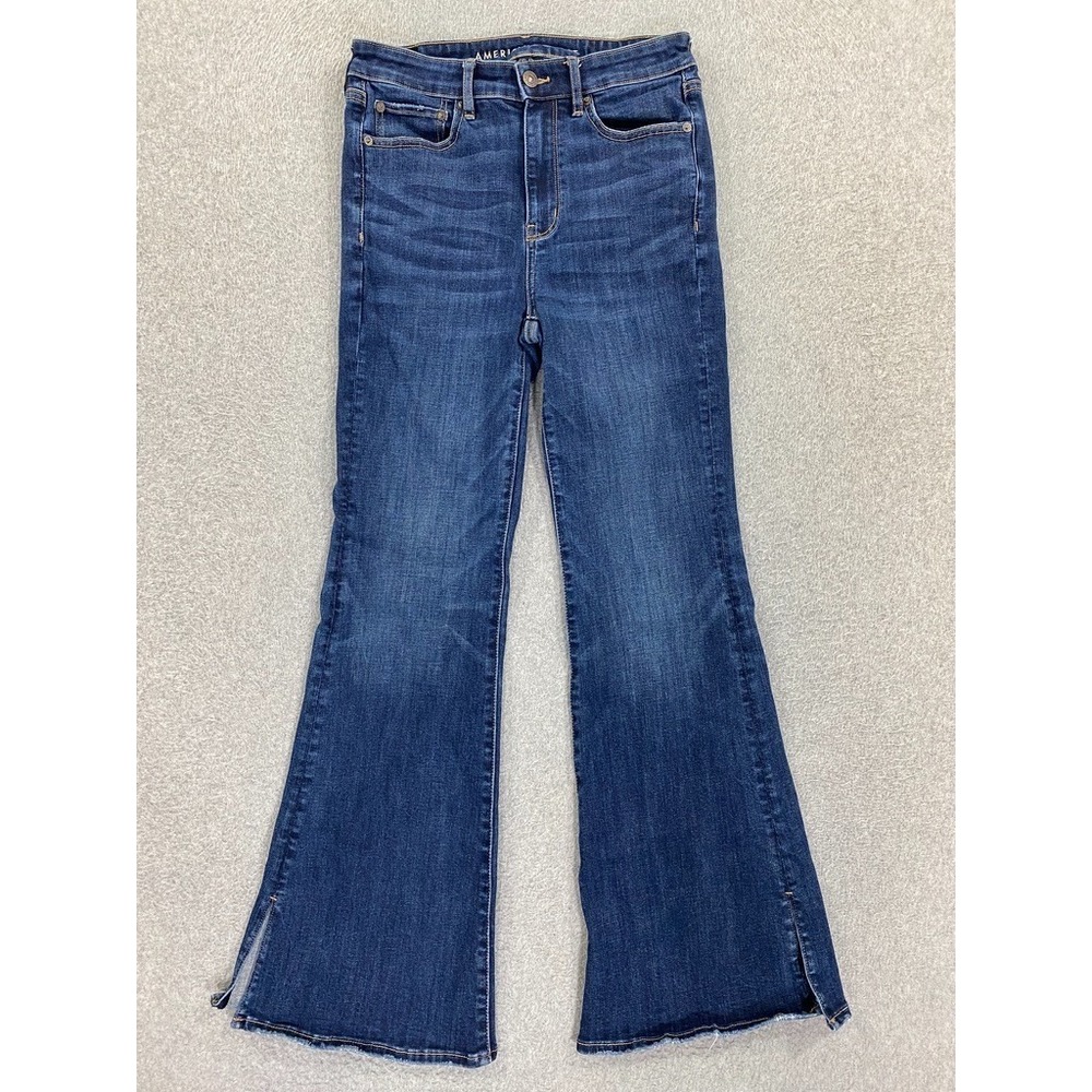 American Eagle Women's 6 Reg Super Hi-Rise Flare Blue Denim Jeans Split Hems